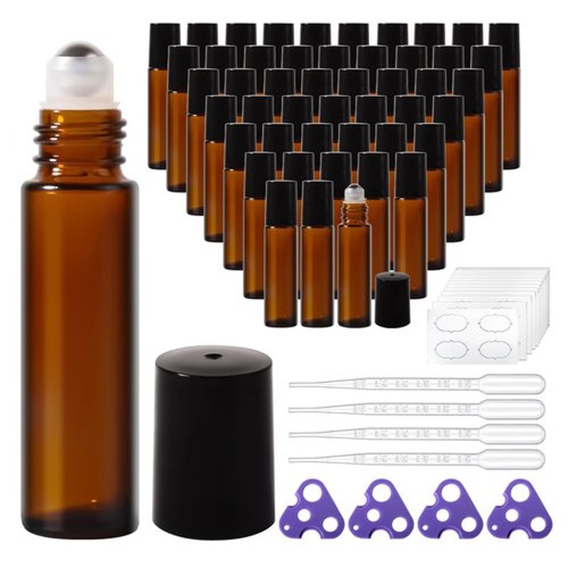 StellaCare Roller Bottles for Essential Oils,10ml Empty Glass Perfume Bottles with Stainless Steel Roller Balls, Opener,Droppers,Labels,48 pack Roll on Bottles