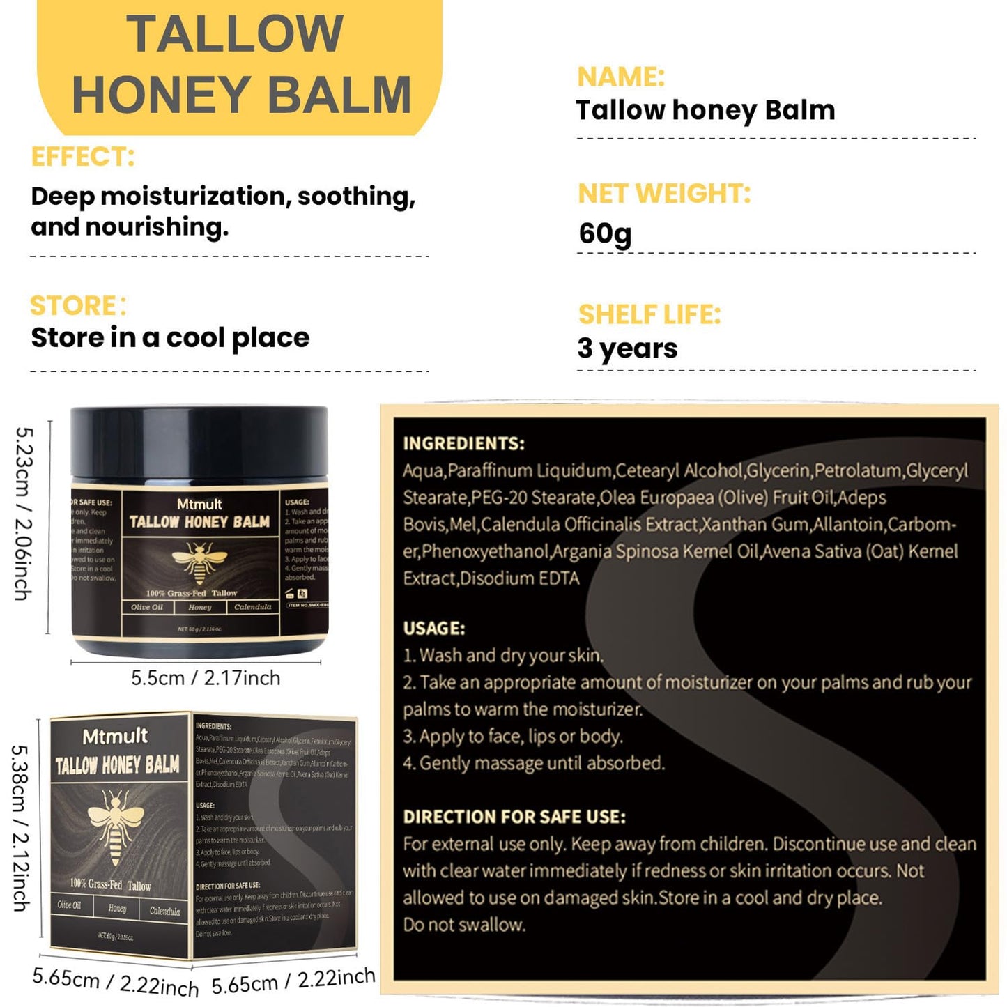 Mtmult Beef Tallow for Skin - Tallow and Honey Balm for Face, Hydrating with Grass-Fed Beef Tallow, Raw Honey & Beeswax | Beef Tallow for Face & Body Tallowyn Skin Balm