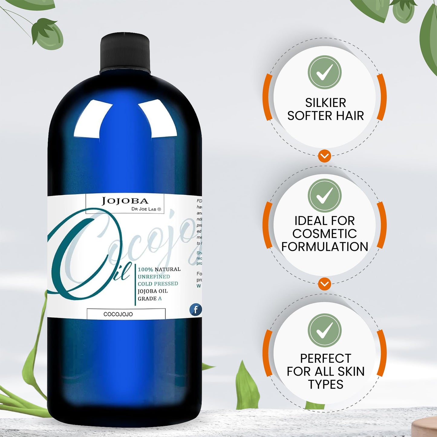 cocojojo Jojoba Oil Organic, Jojoba Oil for Hair Growth, Jojoba Oil for Skin, Jojoba Oil for Face, 100% Pure Natural, Cold Pressed, Deep Moisturizing Anti-Aging, Essential Oils - 32 Fl Oz