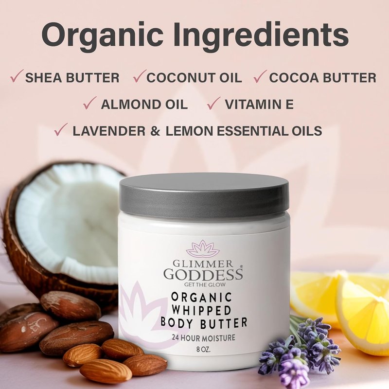 Glimmer Goddess Organic Whipped Body Butter - Luxurious Moisturizer with Shea & Cocoa Butter | Lavender & Lemon, 8oz