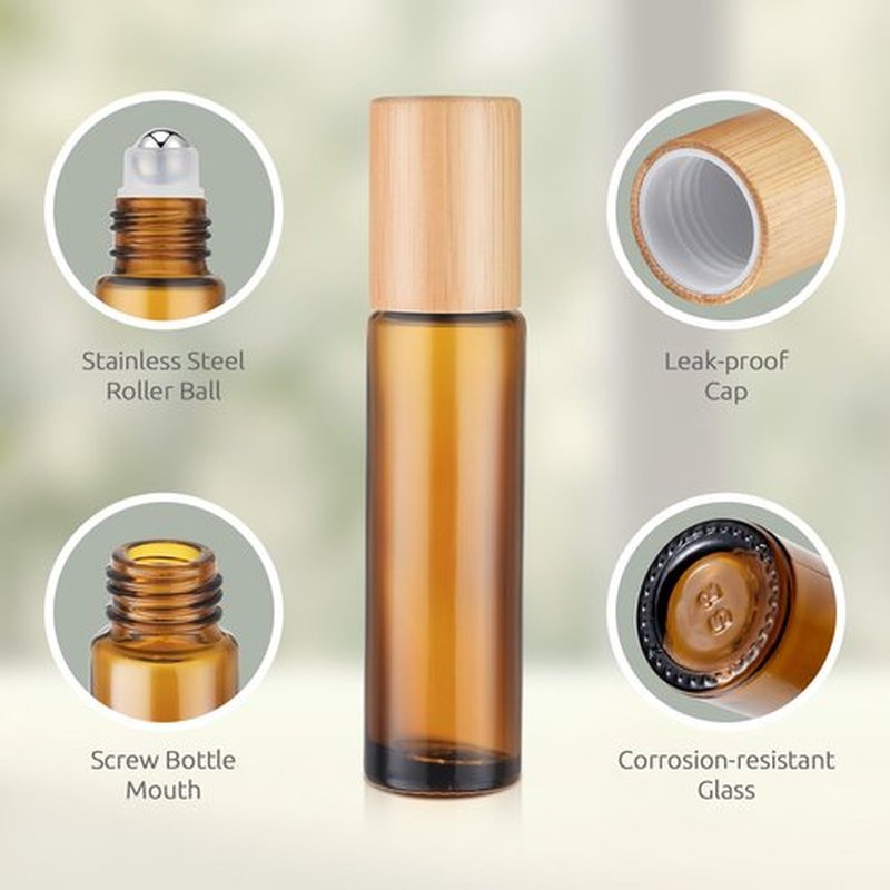 4 Pack, Essential Oil Roller Bottles, Amber Glass Roller Balls for Essential Oils, 10ml Empty Rollerball Bottles for Travel Refillable Roll on Perfume Bottles with Bamboo Plastic Caps