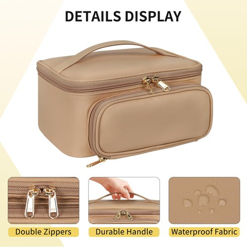 OCHEAL Makeup Bag, Multifunctional Make Up Bags Large Compact Makeup Bag Organizer Cosmetics Toiletry Brushes Storage Case for Women Girls Makeup Case with Handle Divider-Beige Apricot