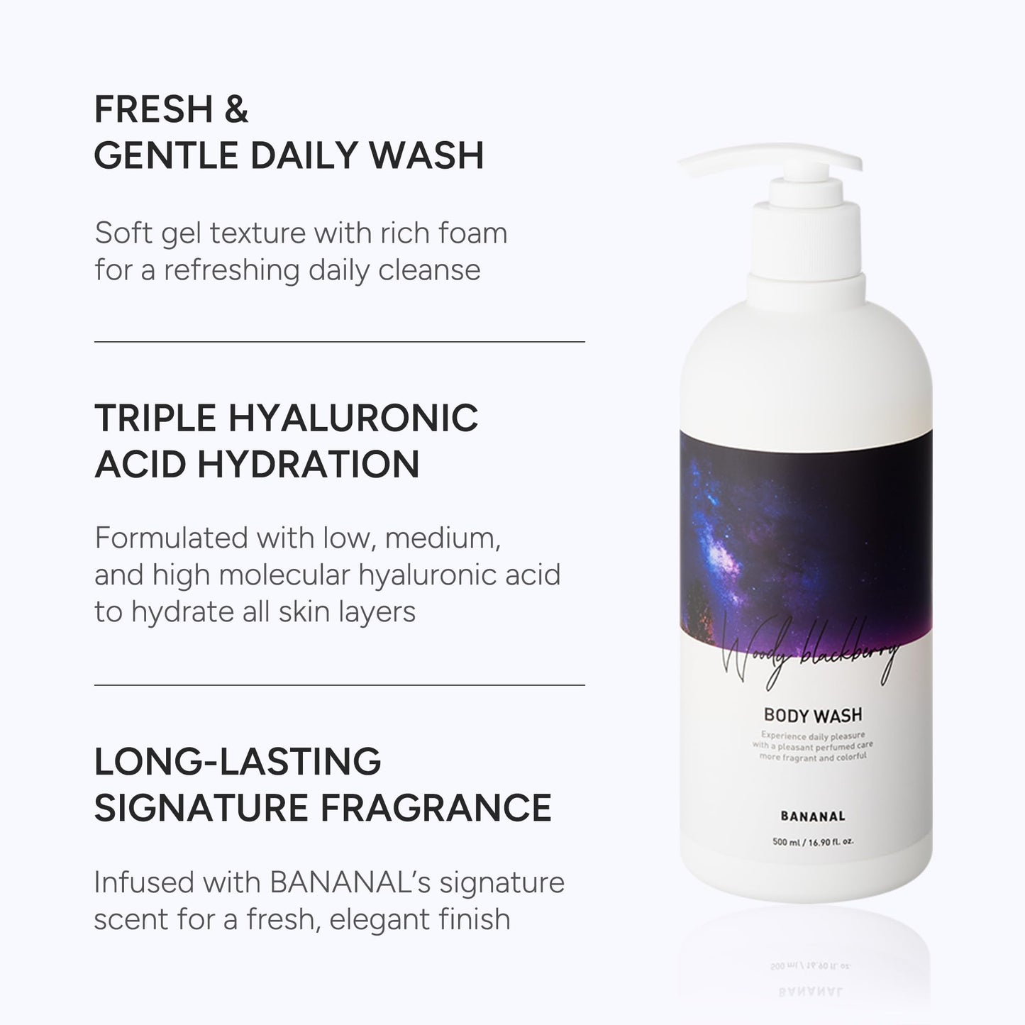 BANANAL Korean Body Wash with Hyaluronic Acid & Aloe – Hydrating Moisturizing Cleanser for All Skin – Infused with Natural Extracts – Paraben & Silicone-Free – Woody Blackberry, 500ml / 16.9 fl oz