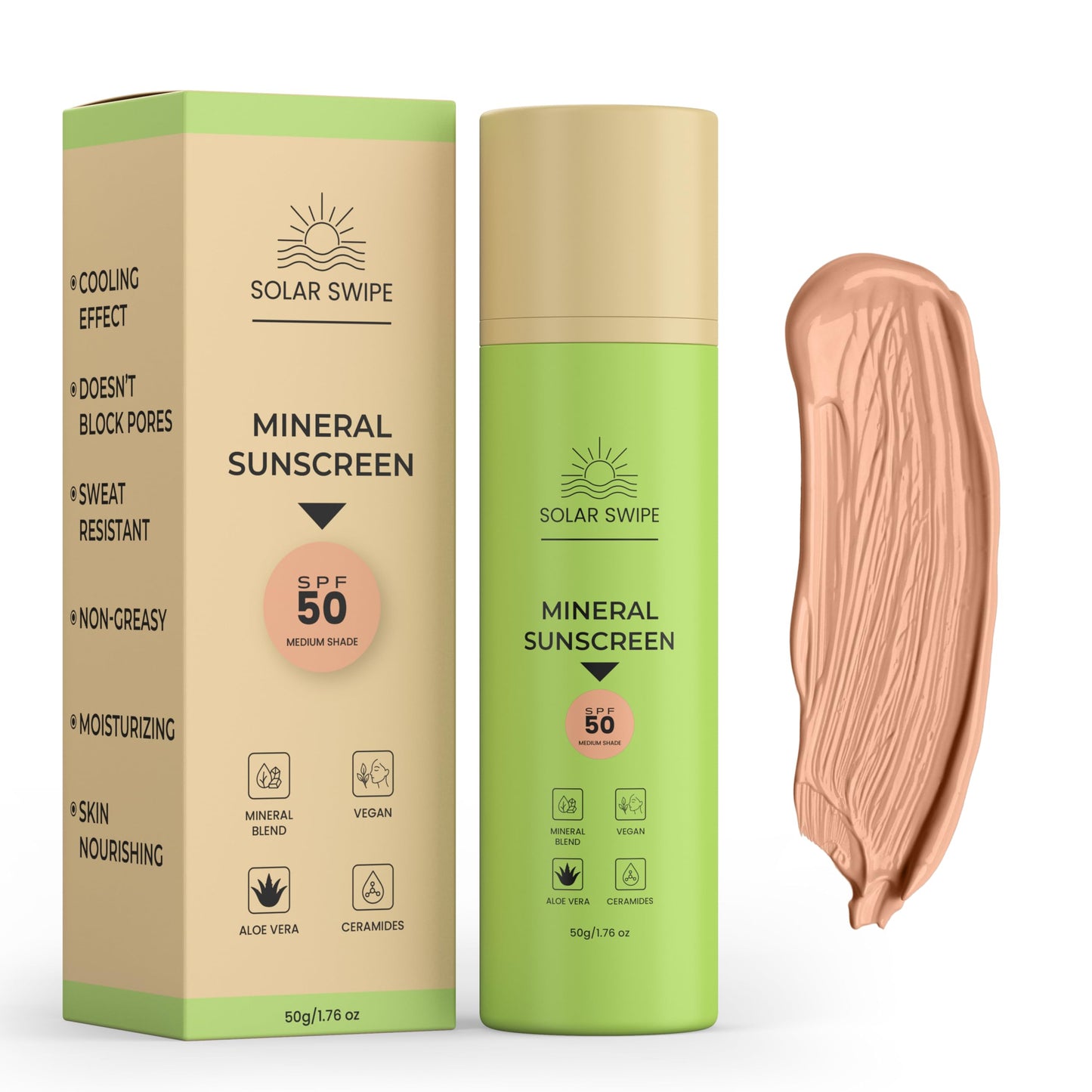 Solar Swipe Hydrating Mineral Sunscreen SPF 50, Zinc Oxide & Titanium Dioxide, with Ceramides & H. acid, Aloe Vera & Menthol Cooling, Face & Body, Oxybenzone-Free, All Skin Types1.76 oz