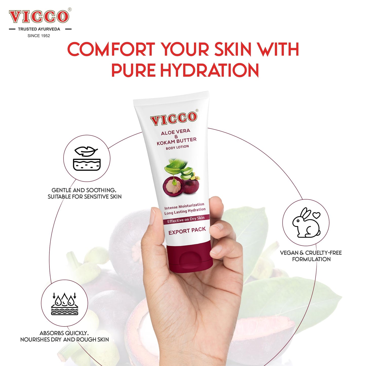 Vicco Aloe Vera and Mangosteen (kokum butter) Lotion for Body, Hands & Face, Soft-Absorbing Texture, 6.76 Fl Oz (Pack of 1)