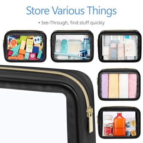 PACKISM TSA Approved Toiletry Bag - 3 Pack Upgrade Color-Edged Clear Makeup Bag, Clear Toiletry Bag For Traveling Fits Various Storage Needs, Black