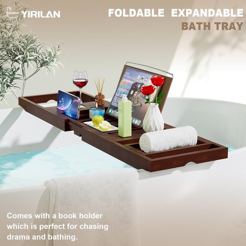 Yirilan Bamboo Bathtub Tray Caddy, 1 or 2 Person Expandable Wooden Bathroom Tray, Luxury Bamboo Bathtub Tray Expandable, Bath Tub Table Caddy with Extending, Brown