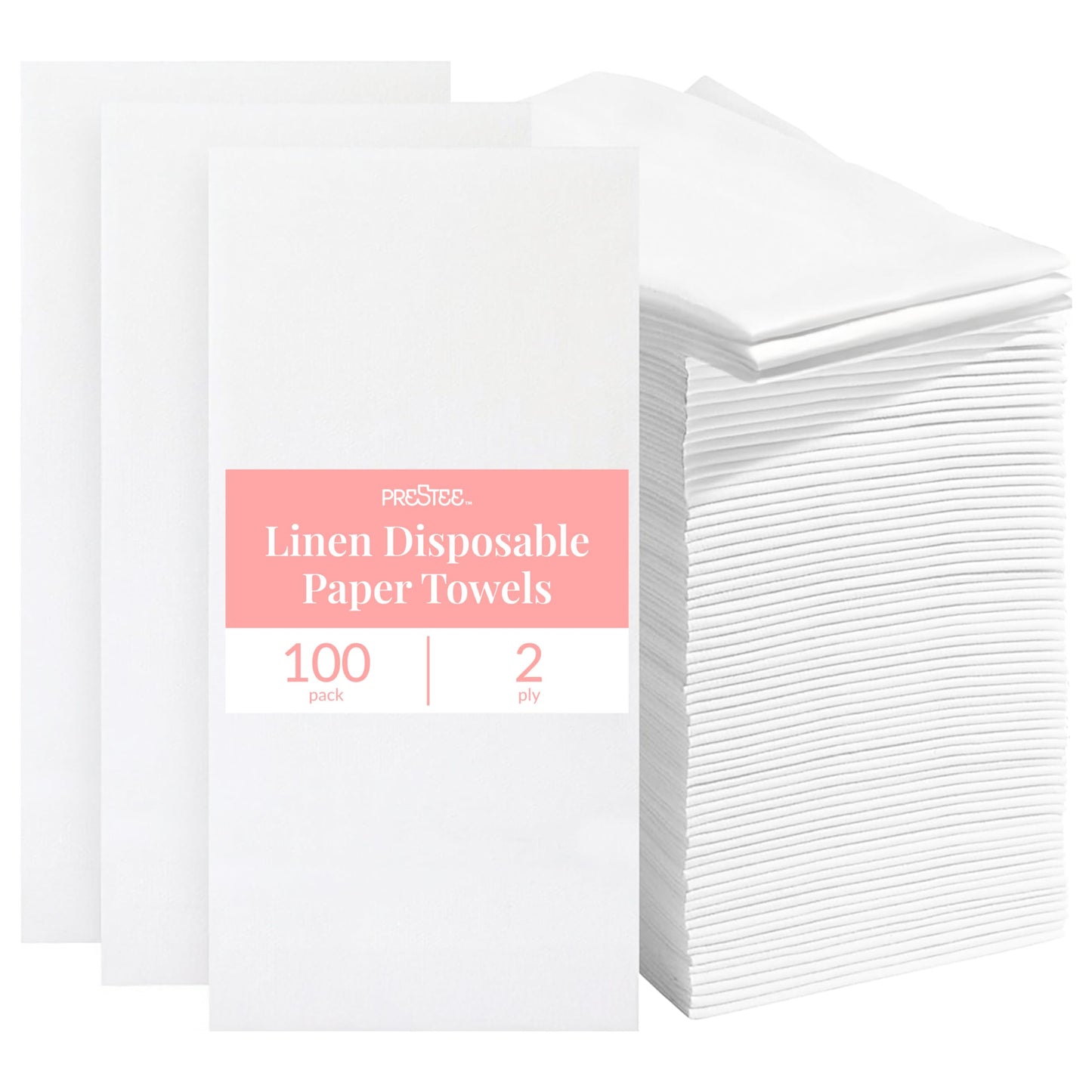 Prestee 100 Linen Feel Disposable Paper Towels - Hand Towels for Bathroom - Cloth-Like Napkins for Weddings, Events, and Dinners - Paper Napkins Ideal for Home, Office - White, 12 x 17 Inches