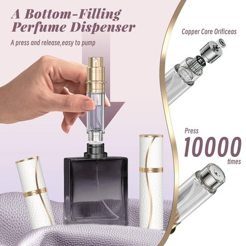 YIERSO Perfume Travel Refillable Bottle,Genuine Leather Bottom-Filling Fragrances Perfume Atomizer,Mini Cologne Dispenser,Portable Sprayer Pocket Size for Cruise Car Trip Purse Gift 5ml (White S-5ml)