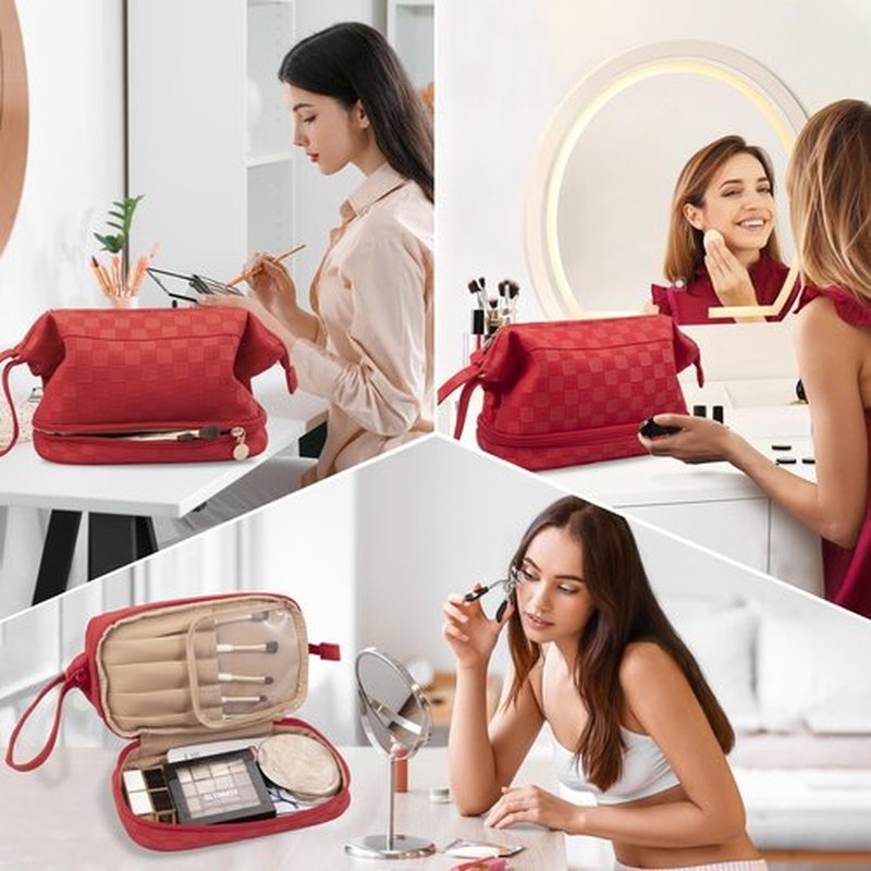 Abiudeng Large Makeup Bag,Waterproof Cosmetic Bag,Make up Travel Bag Essentials,Cute Travel Toiletry Bag for Women Makeup Bag Organizer with Bottom Pouch,Red Travel Size Toiletries Bag for Women
