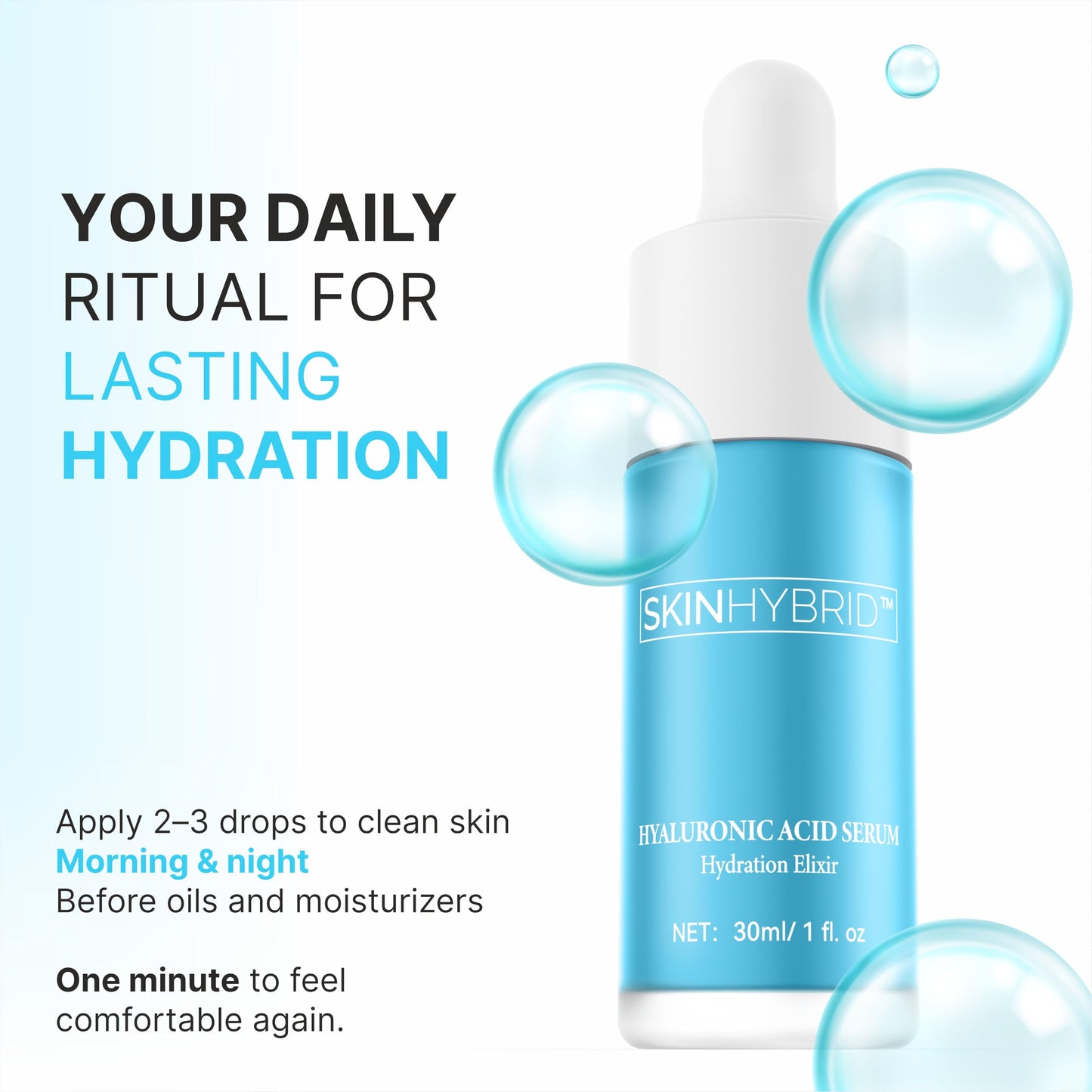 SkinHybrid Hydration Elixir | Gentle Hyaluronic Acid Serum for Face | Oil-Free Acido Hialuronico with Peptide Complex | Daily Deep Hydrating Serum for Face to Plump, Firm & Revive Dry Skin (30ml/1 oz)