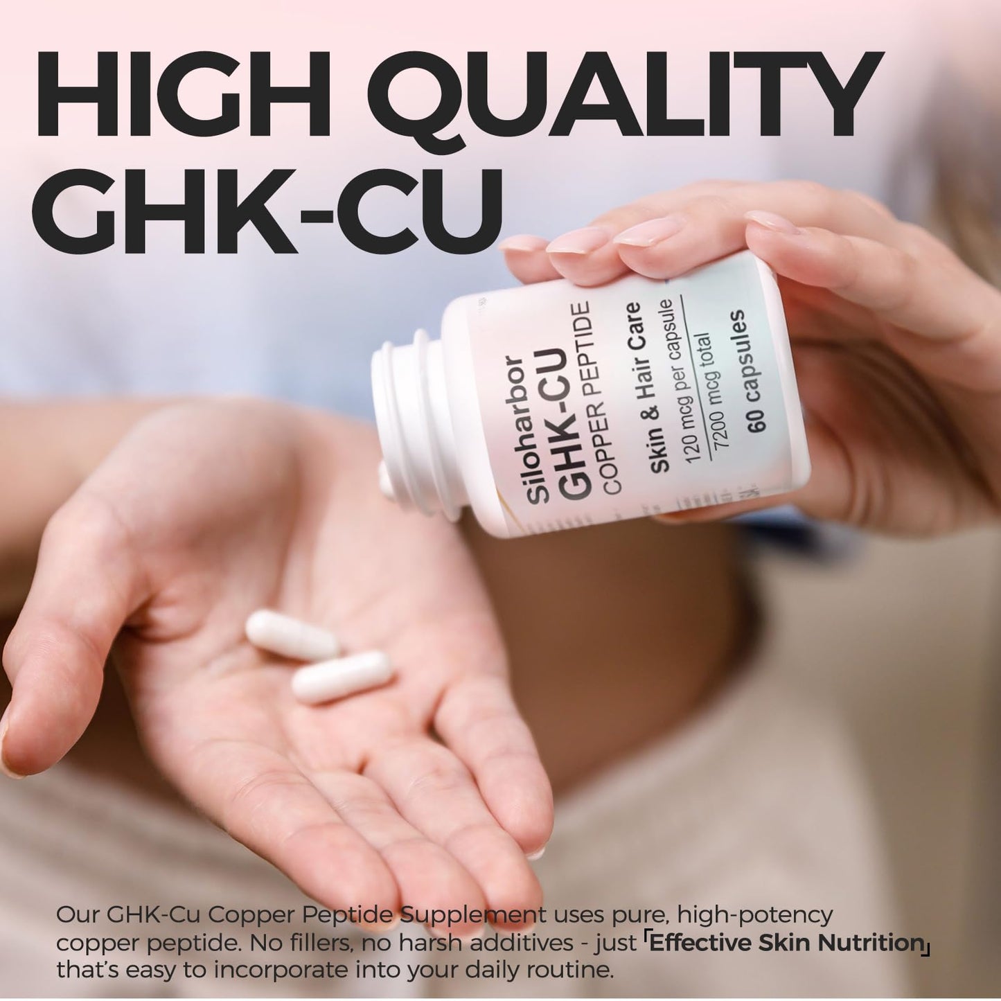 Siloharbor GHK-Cu Copper Peptide Supplement, 120mcg High-Purity Supplement for Skin & Hair, Enteric-Coated for Maximum Absorption, Vegan & Gluten-Free (60 Count)