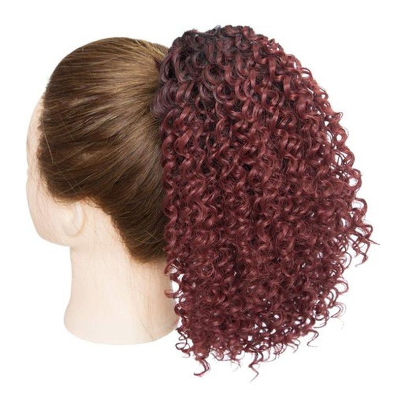 Hairro Afro Kinky Curly Ponytail Extensions Short Synthetic Hair 8 Inch Drawstring Deep Wave Puff Hairpieces for Black Women Ombre 1B/BURG Red
