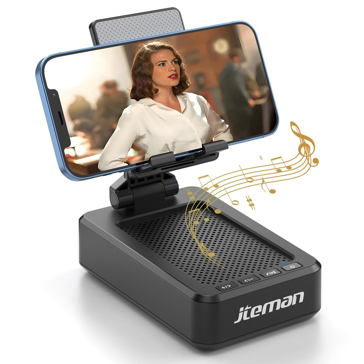 JTEMAN Cell Phone Stand with Bluetooth Speaker, HD Stereo Sound & Anti-Slip Base, Foldable Adjustable Desktop Phone Holder for Home Office, Cool Tech Gadgets Birthday Gifts for Men Women (Black)