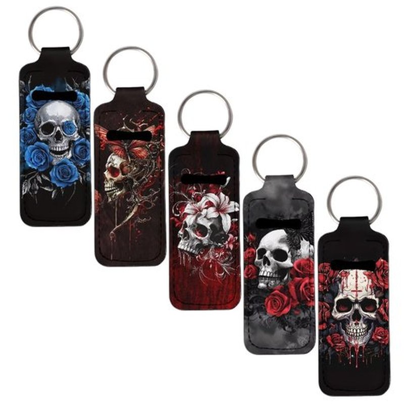 SEANATIVE Skull Roses 5 PCS Lipstick Holder Keychain Chapstick Holder Lip Balm Holder Keyring Portable Neoprene Lipstick Holder Lipstick Pouch with Metal Key Ring for Travel Carry Lipstick