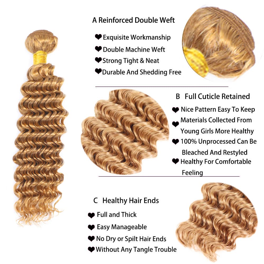 Blonde Deep Wave Human Hair Bundles #27 Human Hair Bundles 12 14 16 inch 3 Bundles Double Weft Honey Blonde Deep Wave Bundles 27 Wet and Wavy Bundles