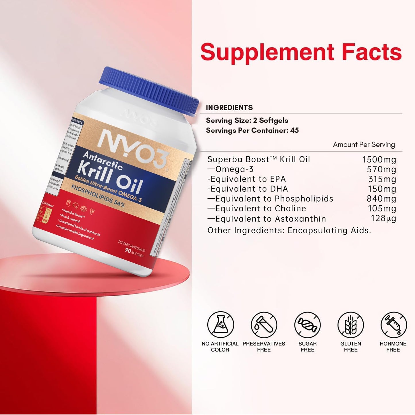 NYO3 1500mg Krill Oil Omega 3 Supplement, Senior's Top Choice, High Content EPA DHA & High Absorption Pure Antarctic Krill Oil with Astaxanthin and 56% Phospholipids, Laboratory Tested,90 Softgels