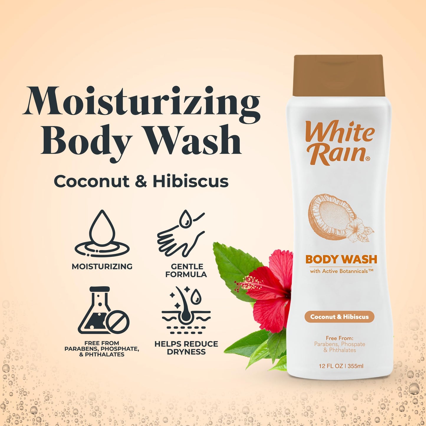 White Rain Coconut & Hibiscus Moisturizing Body Wash for Women & Men - Coconut Body Wash for Dry Skin, Gentle Paraben-Free Formula with Botanical Extracts for Everyday Use, 12 fl oz, Pack of 3