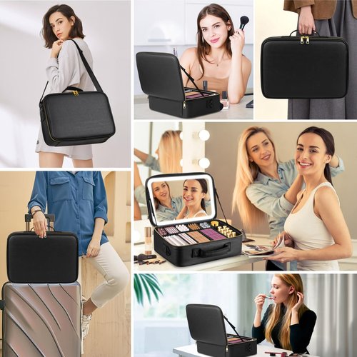 saiggnyy 15“×11“Professional Makeup Train Case,Large Waterproof Travel Makeup bag with Mirror and Light, Leather Black Make up Bag with Mirror and Light,Led Makeup Case with Adjustable Dividers
