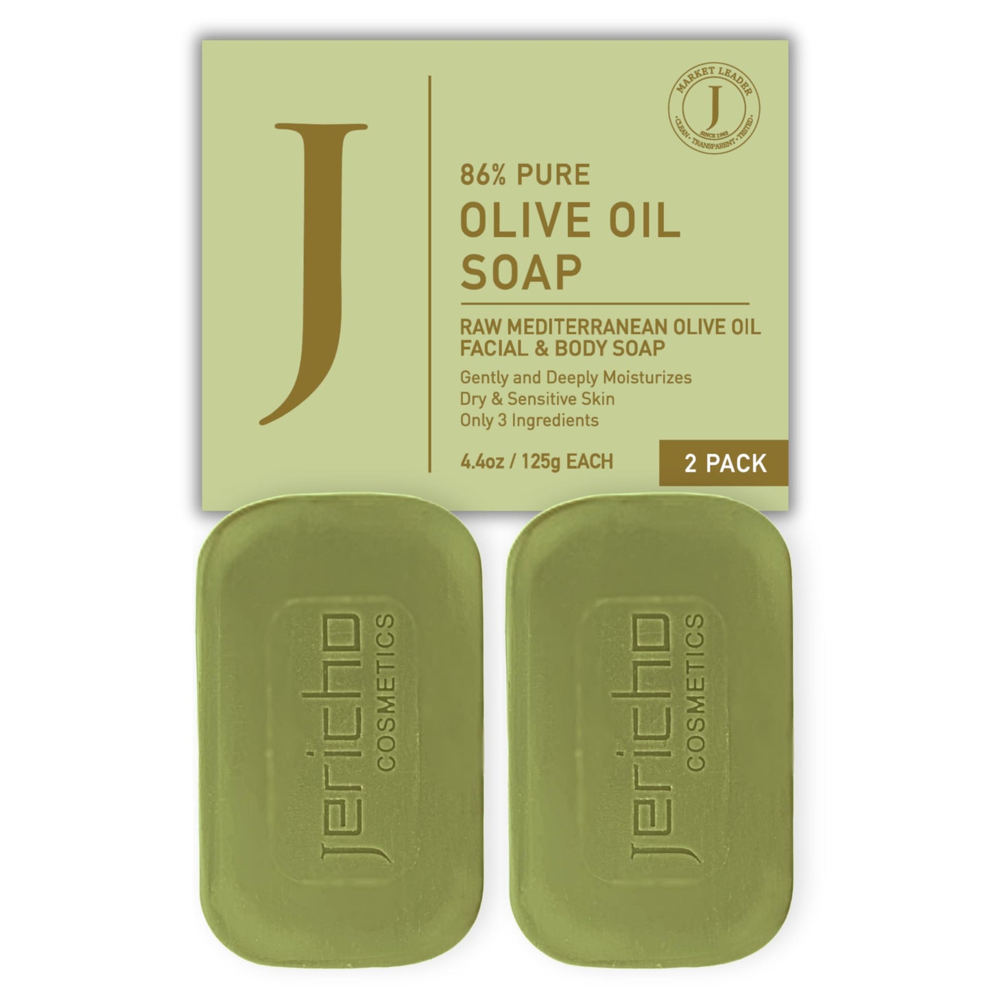Jericho Olive Oil Soap Bar – 86% Pure Cold Pressed Natural Soap for Sensitive Skin, Face & Body – Fragrance Free, Palm Oil Free, Vegan Cleanser – 2 Bars 4.4 oz Each