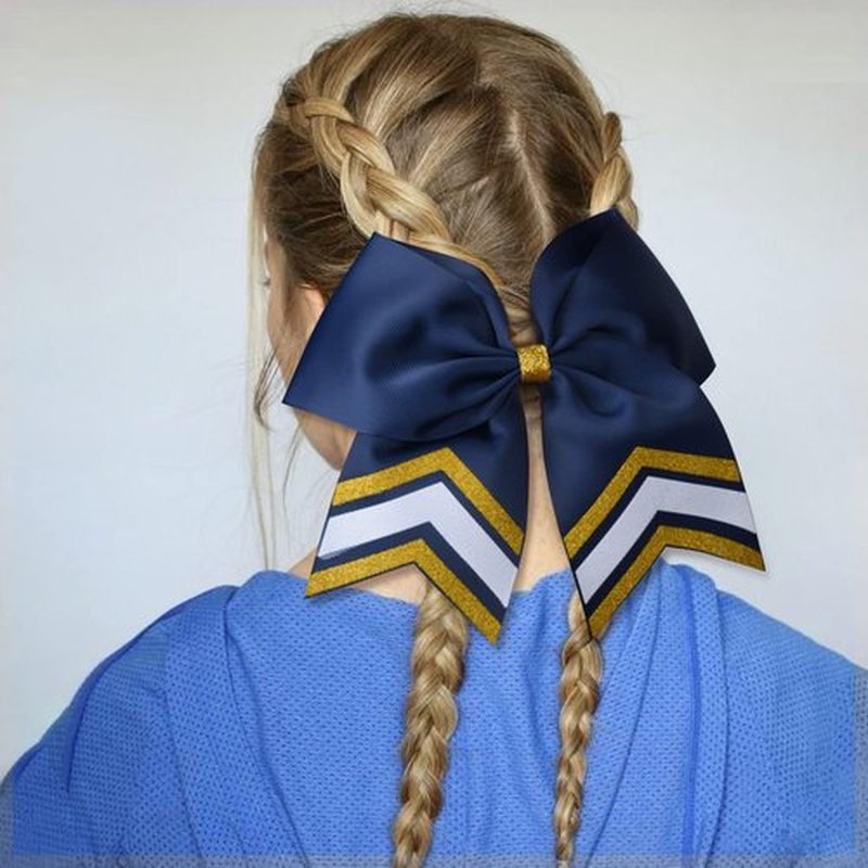 DEEKA 8PCS Large Glitter Cheer Bows Shiny 7" Cheer Hair Bows Ponytail Holder Handmade for Cheerleader Girls Softball Sports -Navy/g Gold