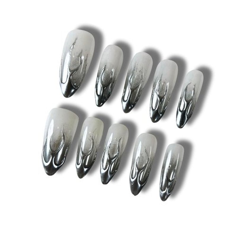 Yabonica Handmade Press On Nails Metallic-Silver Press On Nail Medium Long Almond False Nail Tip-Glue On Nail 3D Charm Design-Stick On Nail for Woman Girls-10 pcs Acrylic Fake Nail Art Kit(032, XS)