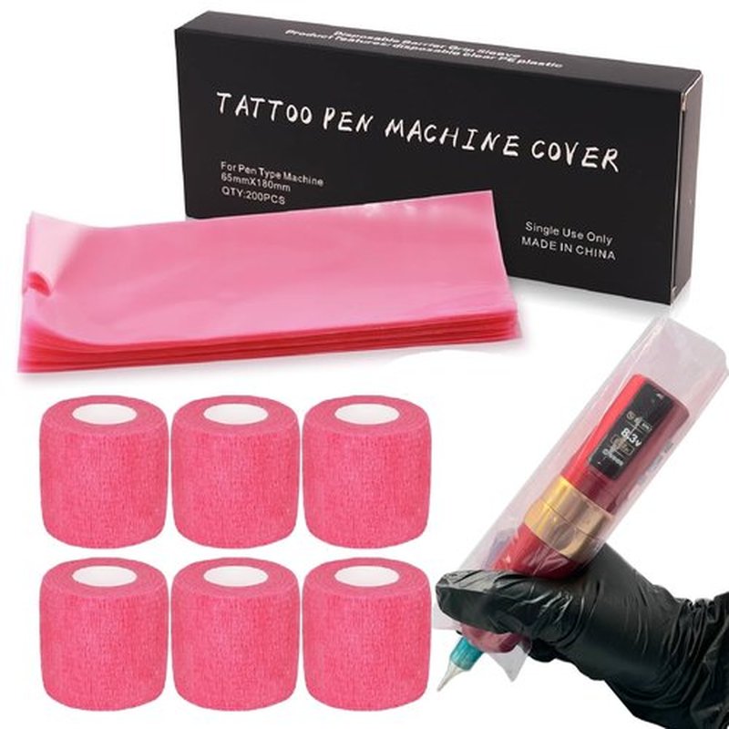 Pen Machine Covers with Grip Wrap - SOTICA 200pcs Pink Pen Covers Large Machine Wrap and 6pcs Grip Tape 2.56×7.1" Gun Wrap Covers Machine Bags with Self Adhesive Bandage Wrap