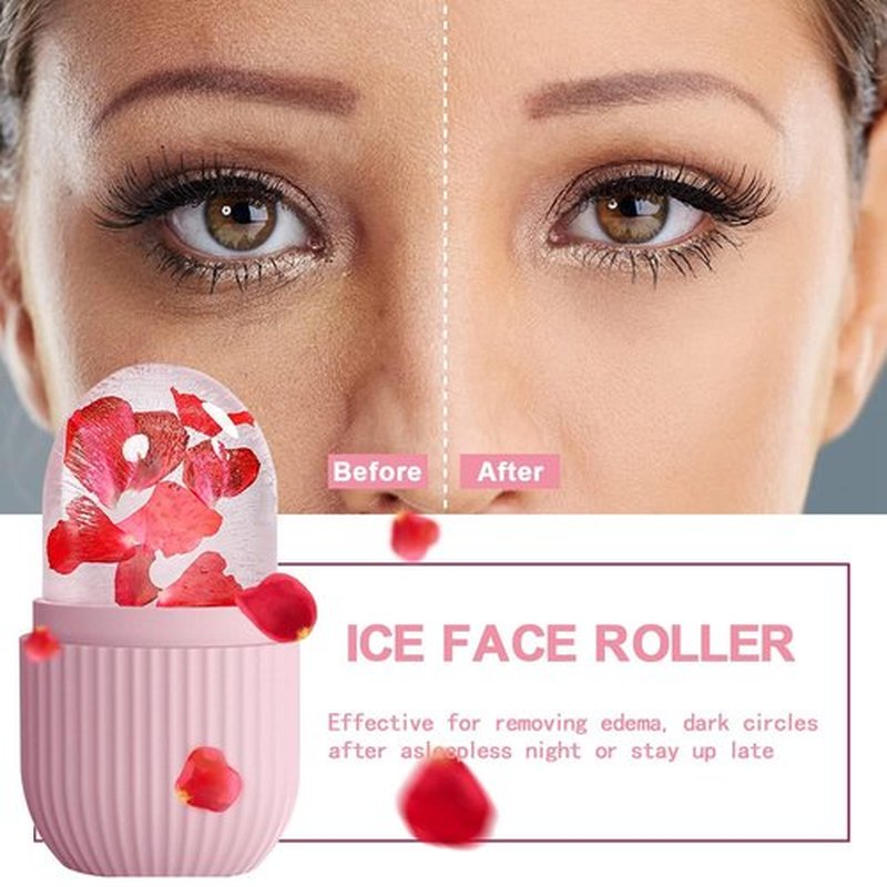 XHJRI Ice Face Roller Massager,Ice Cube Roller for Face, Eyes and Neck Naturally Conditioning and Skin Care,De-Puff Eye Bags,Reduce Migraine Pain,Reusable Massage Silicone Ice Mold (Pink White)