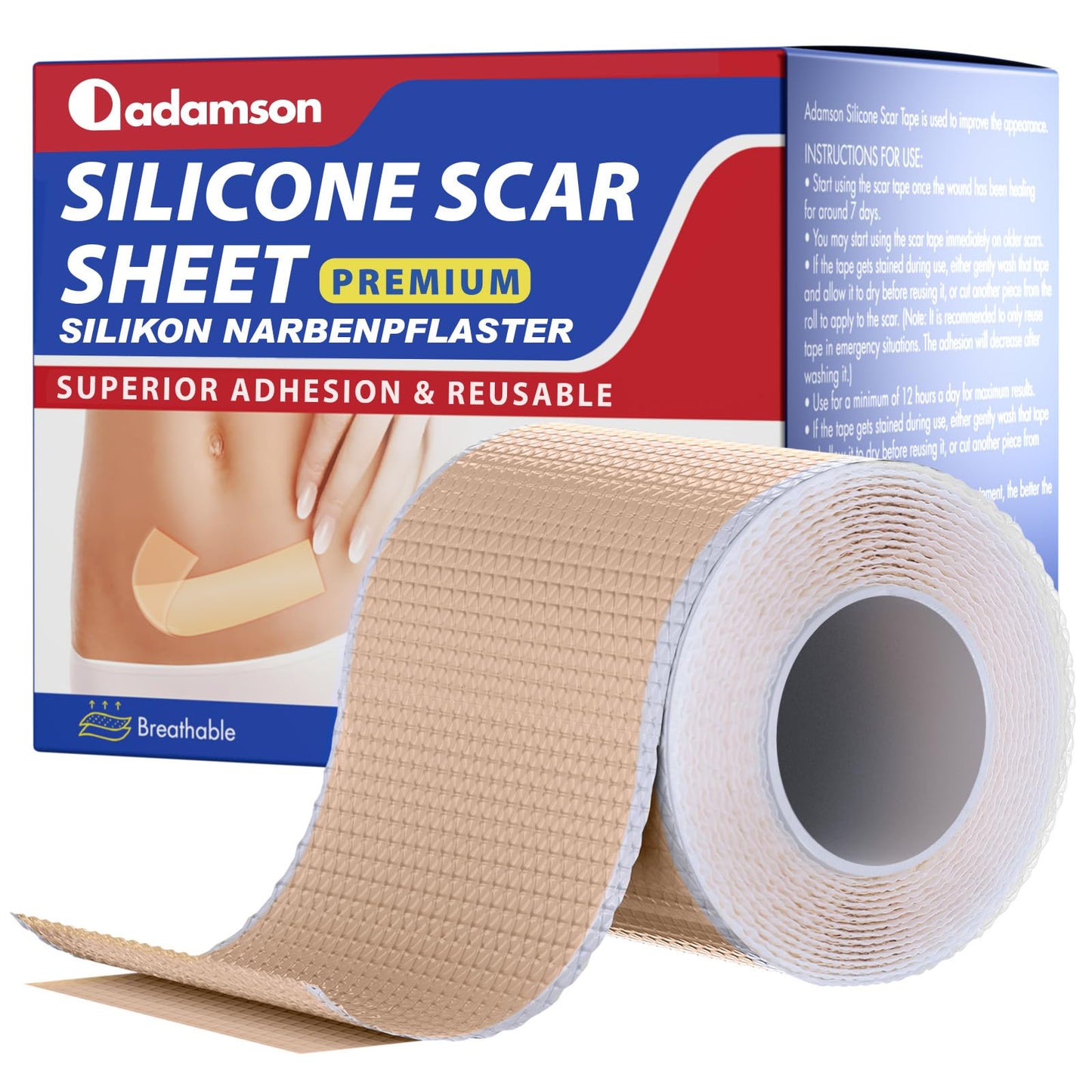 Adamson Silicone Scar Tape for Surgical Scars, Keloid, C-Section, Burns & More, Premium Silicone Scar Sheets, Reusable & Professional (1.6"x 60" Roll-1.5M)