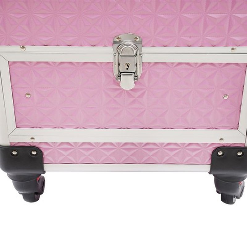 Rolling Nail Case Wheeled Manicure Storage Case, Professional Cosmetology Case, Large Cosmetic Trolley Travelling Cart Trunk with Locks and Drawers, Makeup Case with 4 Universal Wheels (Pink)