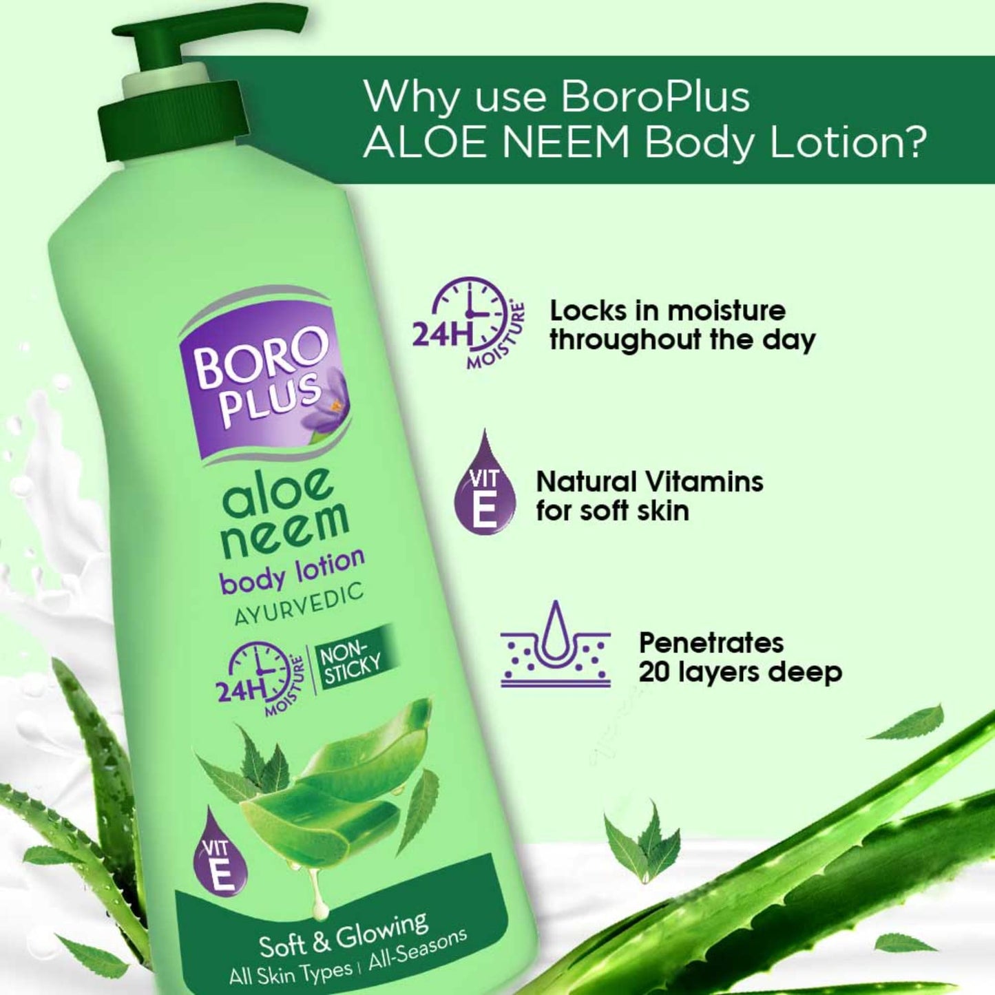 BOROPLUS Aloe Neem Body Lotion | Ultra-Hydrating, Non-Greasy Moisturizer for Very Dry Skin | 24-Hour Deep Nourishment with Aloe Vera & Neem | Fast-Absorbing Body & Hand Lotion | 13.53 Fl Oz (400ml)
