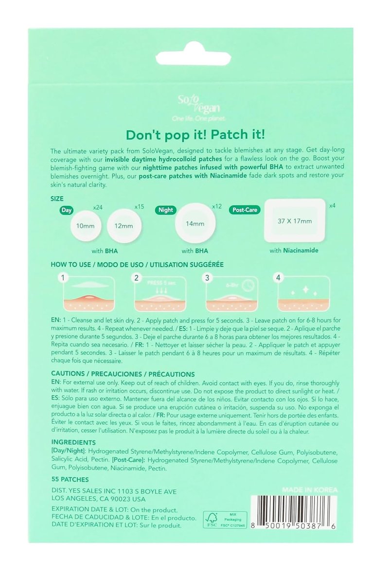 SoloVegan Blemish Patch - Invisible Hydrocolloid Acne Treatment for Breakouts | 55 Count (1 Pack)