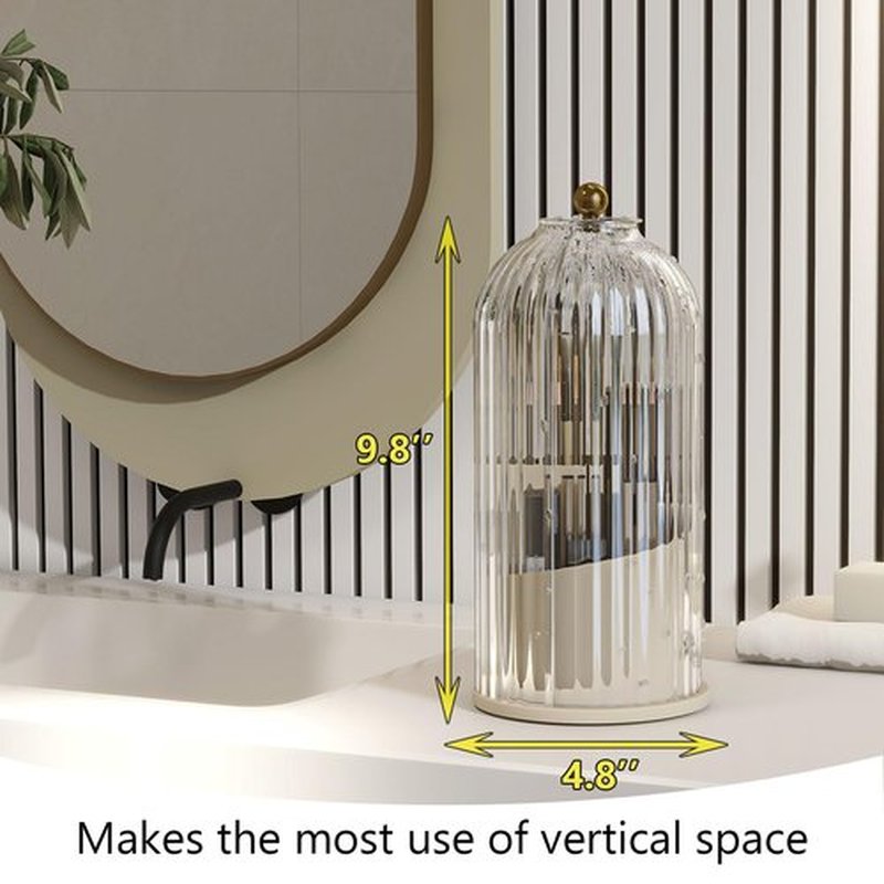 Emljkvp Makeup Brush Holder with Dustproof Cover 360 Rotating Makeup Brush Organizer for Vanity Bathroom, White/Beige