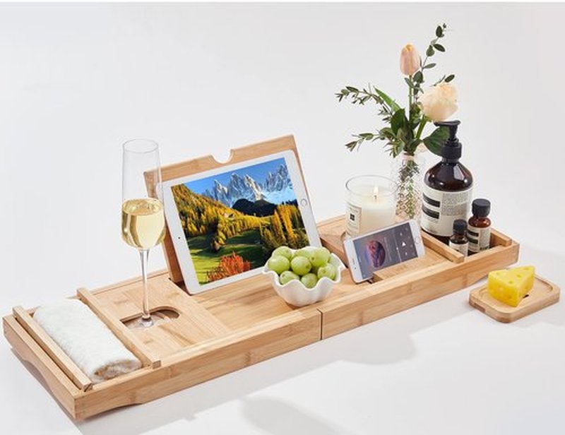 Headley Tools Bathtub Tray, Expandable Bath Tray with Wine and Book Holder - Bathtub Caddy for Luxury Bath, Adjustable Bath Tray for Tub-Great Gift for Women/Men (Wood Color)