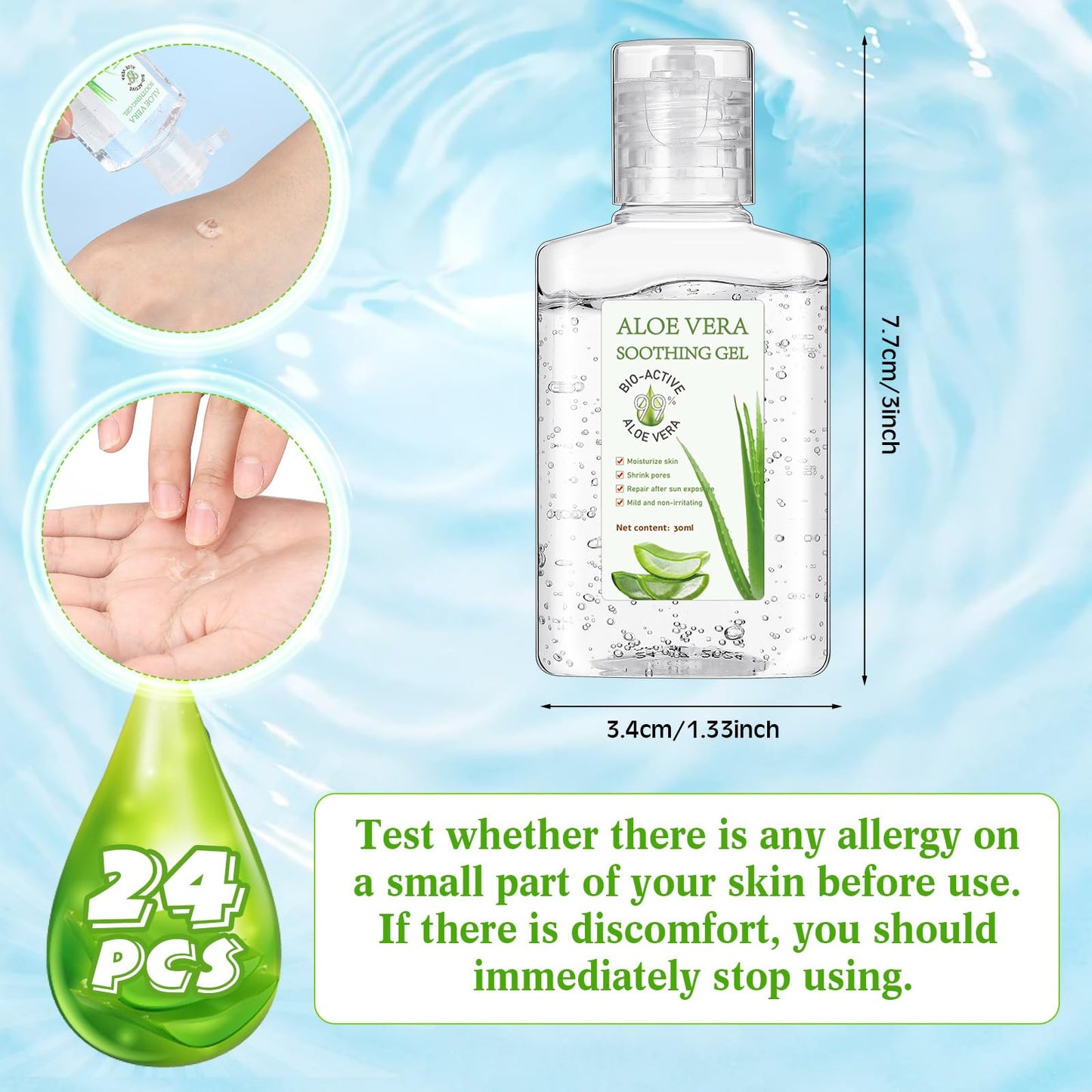 Dansib 24 Pcs Mini Aloe Vera Gel Bulk Travel Size 1oz Soothing Moisture Aloe Vera Gel for Face and Body After Sun Lotion Skin Care Sunburn Relief for Beach Summer Gifts Wedding Party Supplies(Regular)