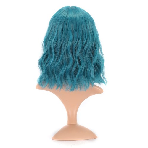 VCKOVCKO Natural Wavy Wig With Air Bangs Short Bob Dark Blue Wigs Women's Shoulder Length Wigs Curly Wavy Synthetic Cosplay Wig Pastel Bob Wig for Girl Colorful Wigs(12",Dark Blue)