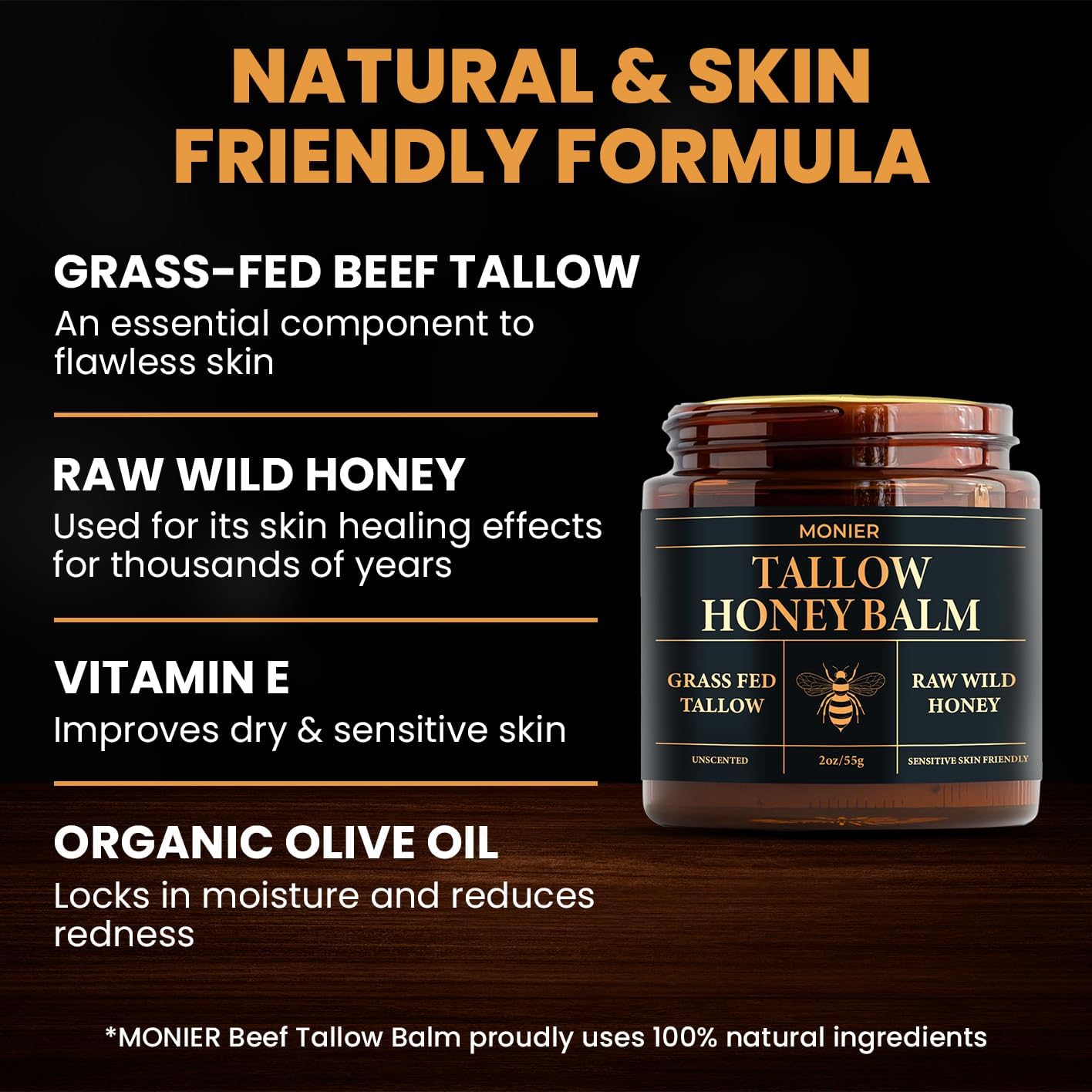 MONIER Beef Tallow and Honey Balm for Skin and Face – Moisturizer with 100% Organic Grass-Fed Beef Tallow & Raw Wild Honey – Natural Formula for Dry & Sensitive Skin – 2oz, Unscented