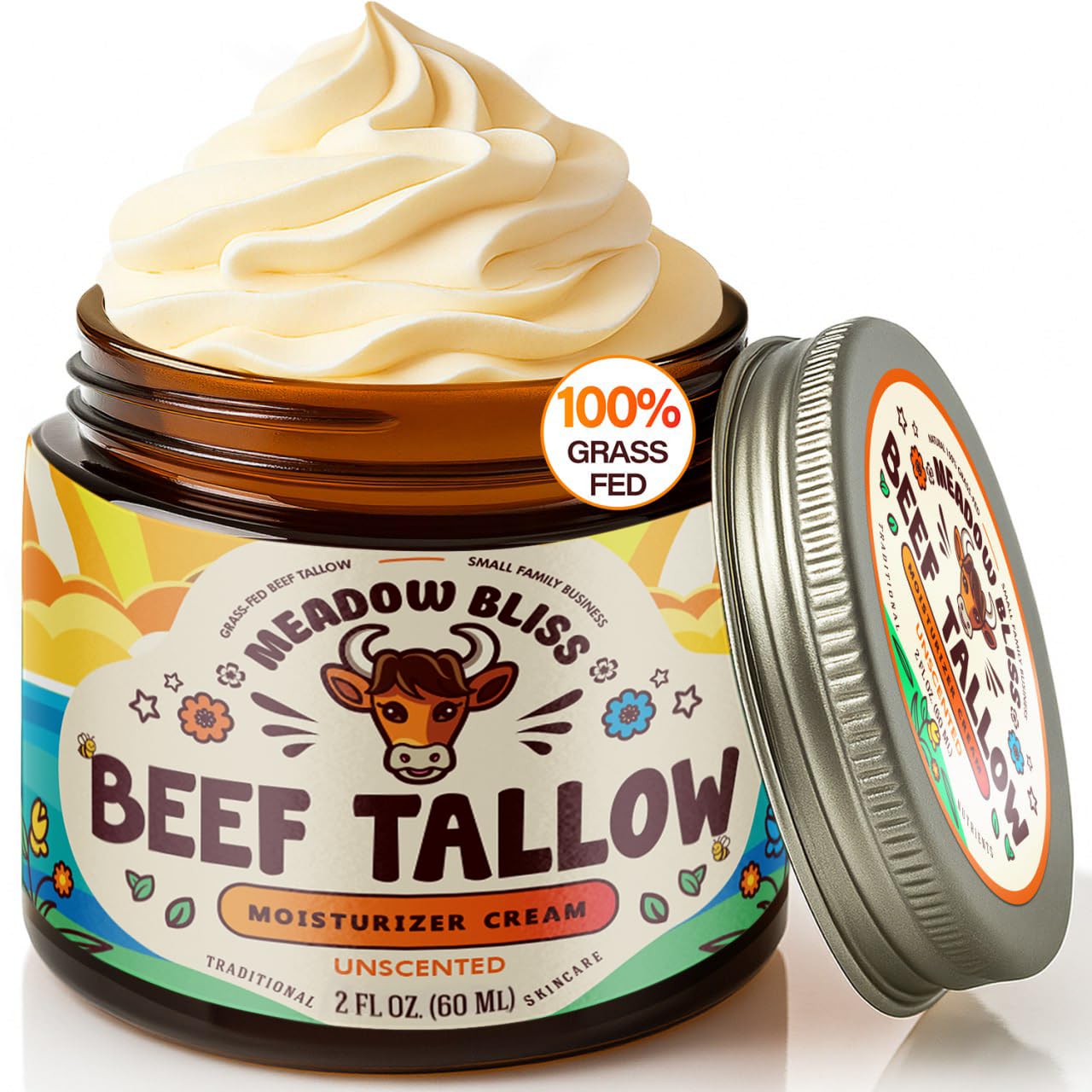 Meadow Bliss Beef Tallow for Skin - Moisturizer Cream - 100% Grass Fed - Whipped Beef Tallow - Organic Jojoba Oil - Organic Shea Butter - Supports Eczema, Rosacea - Made in USA - Unscented - 2 oz