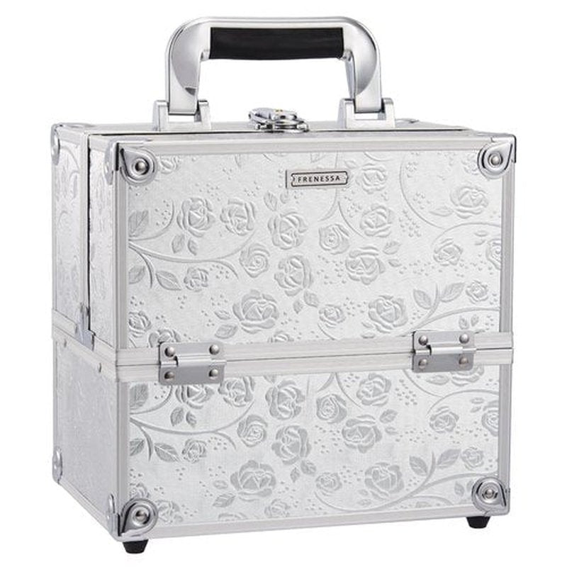 FRENESSA Makeup Train Case Portable Cosmetic Box Organizer 4 Trays Aluminum Makeup Case Storage with Divider Lockable for Makeup Artist, Crafter, Makeup Tools Elagant Silver Rose