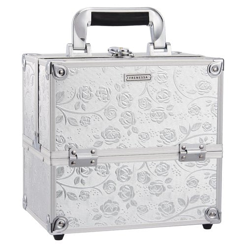 FRENESSA Makeup Train Case Portable Cosmetic Box Organizer 4 Trays Aluminum Makeup Case Storage with Divider Lockable for Makeup Artist, Crafter, Makeup Tools Elagant Silver Rose