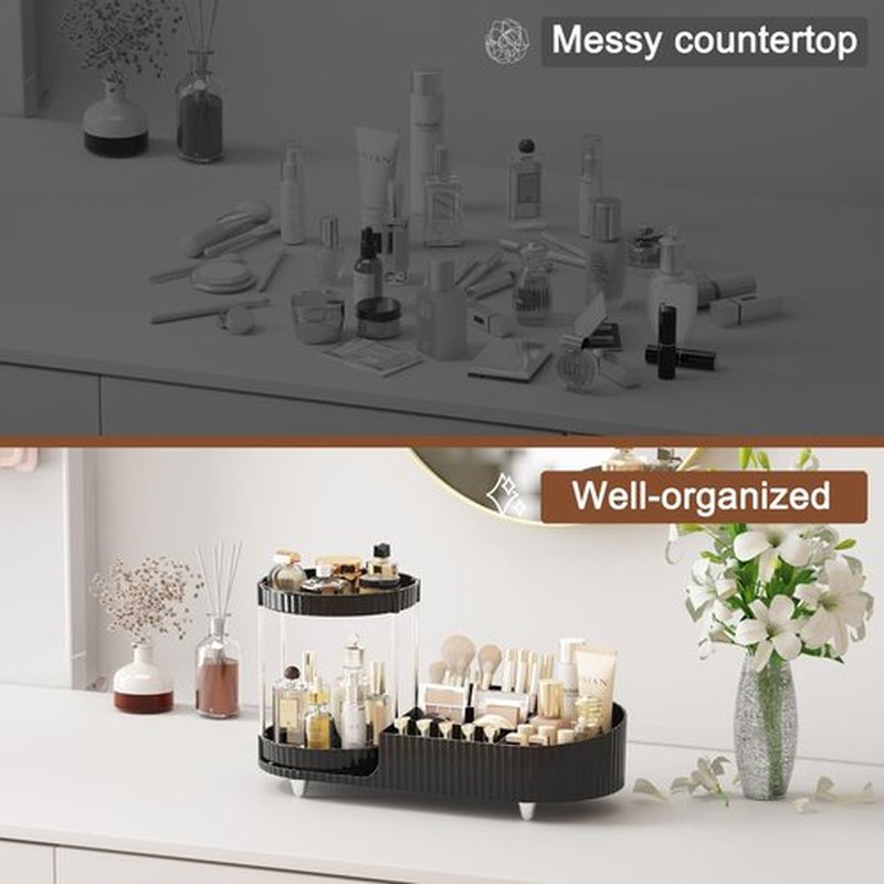 Lulltou Makeup Organizer Countertop with Partition Slot for Vanity, Plastic Vanity Organizers and Storage, 2-in-1 Large Desk Makeup and Skincare Organizers with Perfume Tray for Cosmetics Bathroom