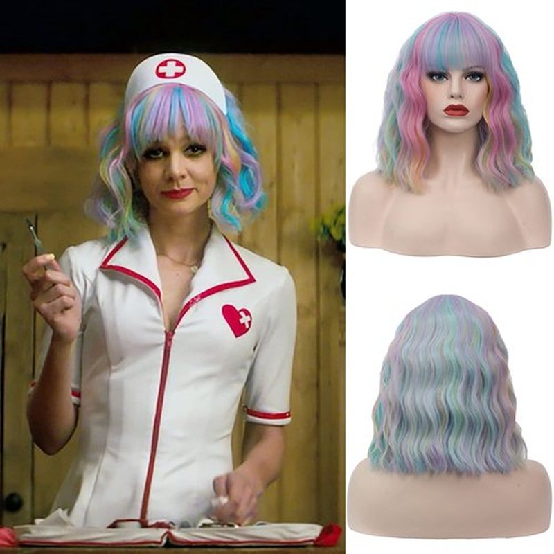 WGPFWIG Women's Multi Color Rainbow Wig Short Curly Wavy Wig Shoulder Length Flat Bangs Wig For Women Girl Cosplay Party Halloween Wig Cap Included (Multi Color Rainbow)