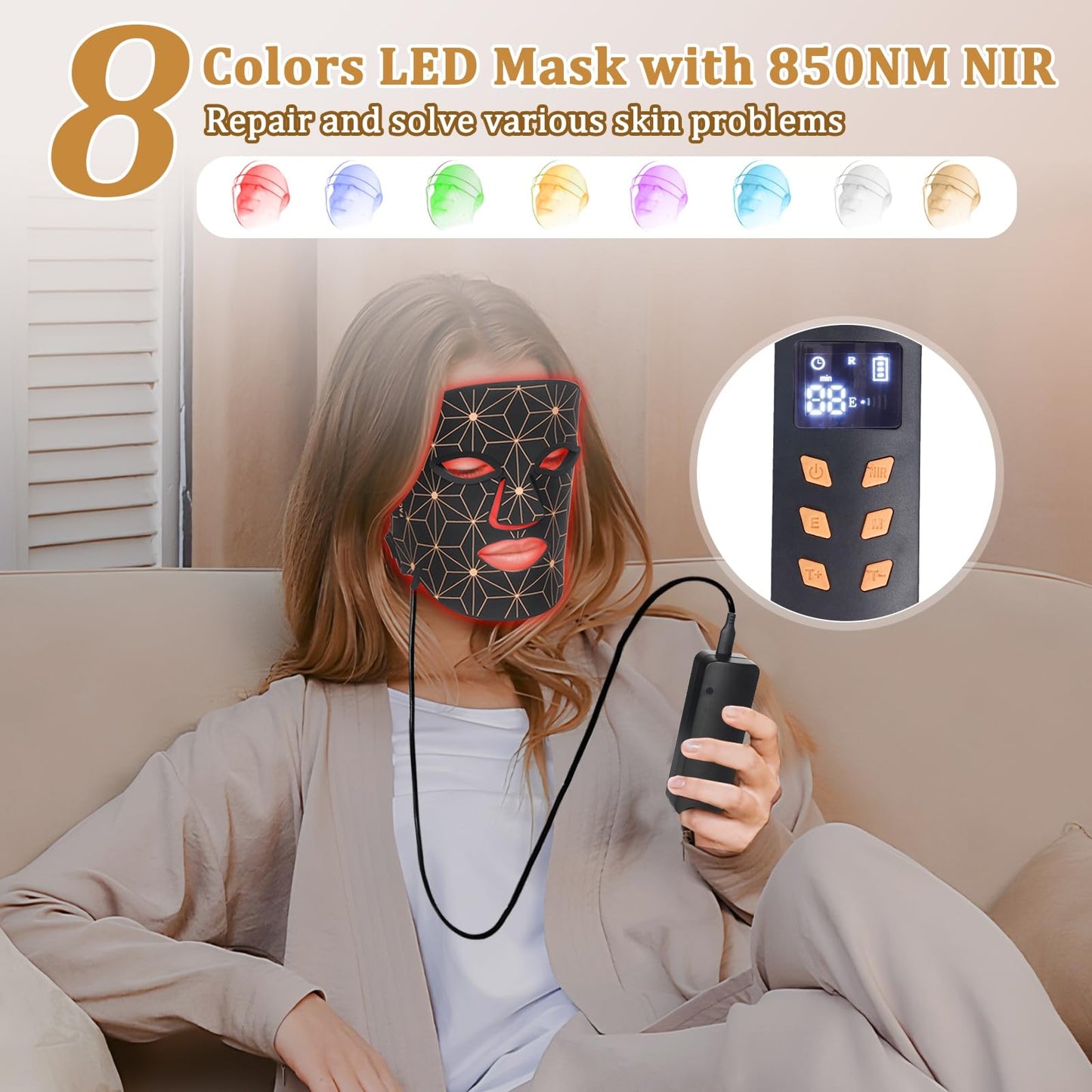 biuufish Red Light Therapy Mask, 8 Colors LED Face Mask 850nm NIR 3000mAh