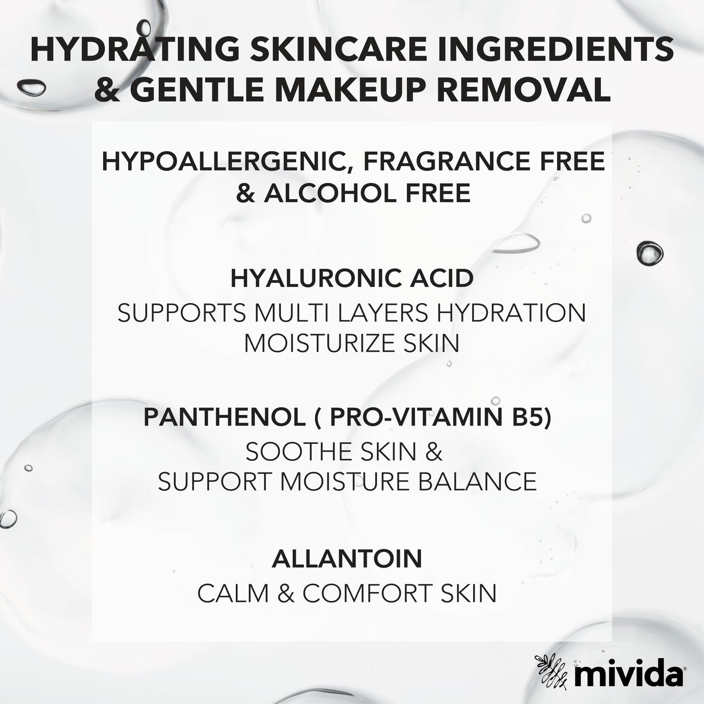 mivida Hypoallergenic Makeup Remover Wipes With Hyaluronic Acid, Dermatologist Tested Alcohol Free & Fragrance Free Makeup Wipes For Sensitive Skin, Make Up Remover, Travel Friendly 2 × 25 Count