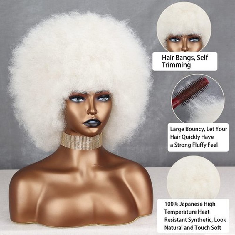 Xinran Short White Afro Wig for Black Women, Disco 70s Afro Wig for Women, Big 60s Puff Wig Bouncy Soft For Party Halloween and Party