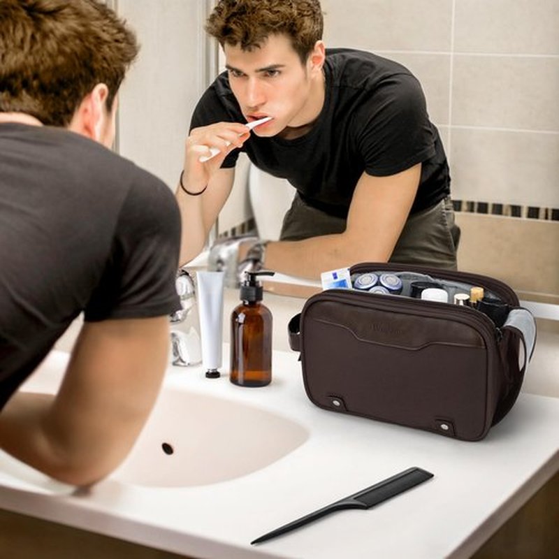 Wedama Toiletry Bag for Men, Medium Hanging Travel Toiletry Bag, Extra Electronic Organizer Bag Waterproof Travel Bag for Toiletries, PU Handle Travel Bag for Travel Trips Swim Camping, Brown
