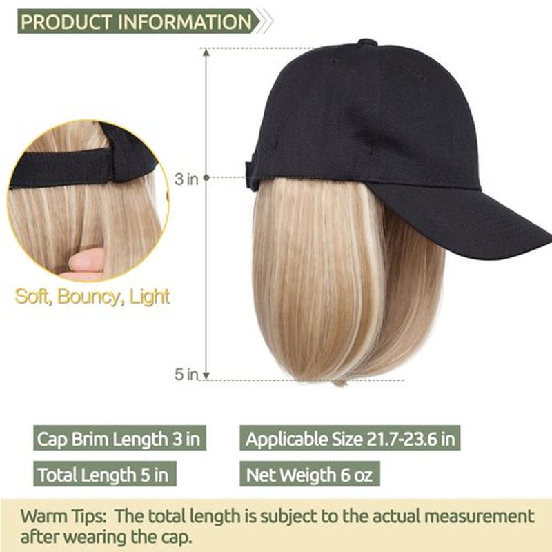 S-noilite 6" Baseball Hats with Hair Attached Short Bob Hairstyle Baseball Cap Wig with Hair Extensions Adjustable Straight Baseball Hat Bob Hair Wig for Women(6in, 16P613#)