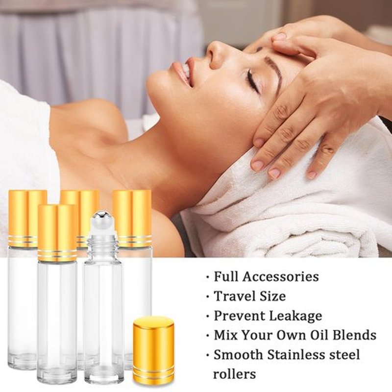 10ml Clear Glass Essential Oil Roller Bottles, Refillable Roll on Bottles with Gold Caps for Castor Travel, 4 Pack Roller Bottles for Essential Oils, Perfume Rollerball Empty