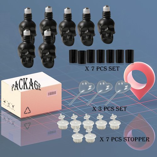 MINELEVEN 7 pcs Set 10ml Mini Skull Glass Oil Roller Bottles Leakproof Essential Oils Bottle for Storage and Travel (black)