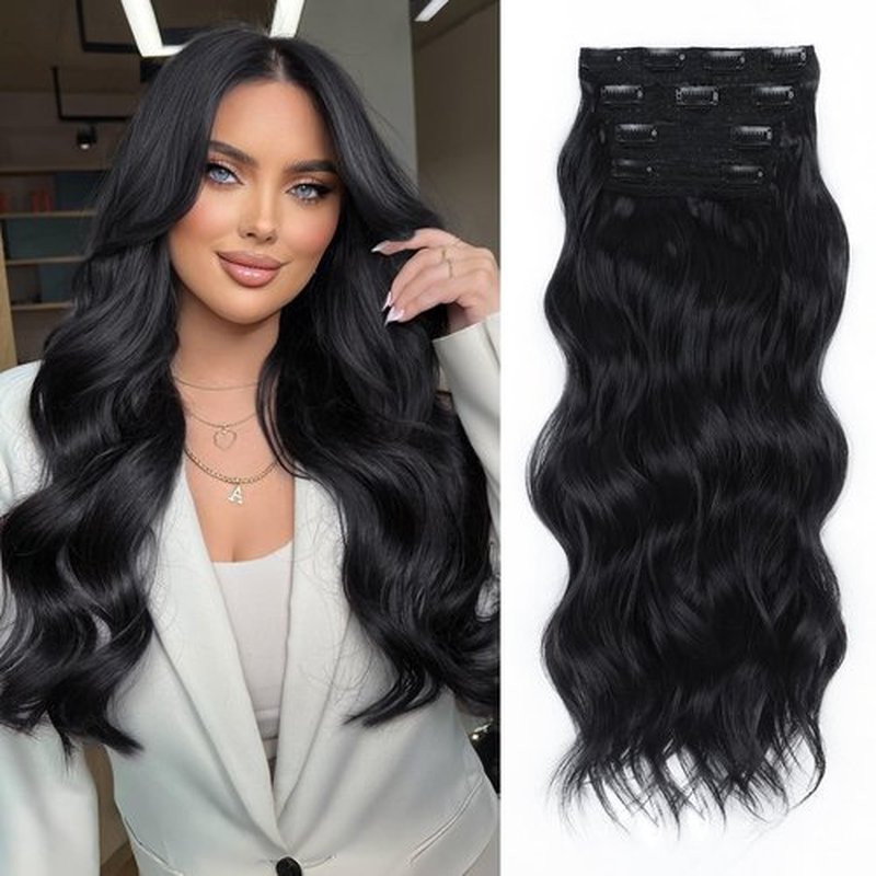 ALXNAN 4PCS Hair Extensions,Clip in Black Hair Extensions,Long Wavy Natural Soft Synthetic Hairpieces for Women